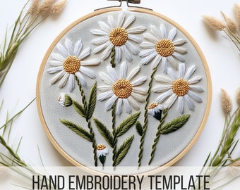 Daisies Embroidery template, floral hand embroidery, beginners. friendly, daisy flower embroidery pattern, DIY hoop art, beginner embroidery