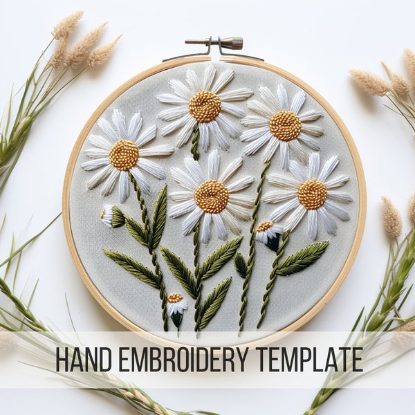 Daisies Embroidery template, floral hand embroidery, beginners. friendly, daisy flower embroidery pattern, DIY hoop art, beginner embroidery