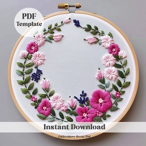 Floral wreath, Flower Wreath Embroidery, Flower template, Hand Embroidery template, Frame Embroidery, printable Embroidery Digital Download