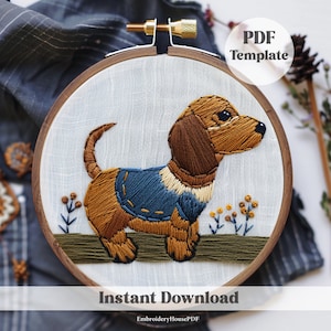 Bordado Dachshund, Regalo de amantes de perros, Perro Wiener, Bordado de perros, Bordado de mascotas, Perro lindo, Bordado a mano, Patrón PDF, patrón de animales
