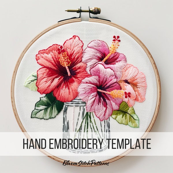 Hibiscus bouquet, Floral jar, Tropical Bouquet, trendy Embroidery, Embroidery Pattern, DIY Embroidery, Hand Embroidery, Hibiscus Embroidery