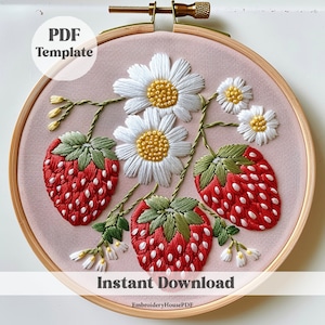 Borduurwerk aardbeien en bloemen, sjabloon aardbeien, aardbeien, handborduurwerk, borduurkunst, knutselen voor beginners, doe-het-zelfborduurwerk