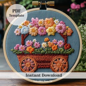 Blumen Warenkorb Stickerei Muster, sofortiger Download, Blumenmuster für die Stickerei, moderne Stickerei Design, Kunsthandwerk für Erwachsene, Frühling Dekor