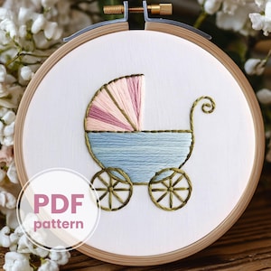 赤ちゃんの刺繍パターン、女の子のベビーカーのデザイン、保育園の刺繍、PDF パターン、モダンな刺繍パターン、新生児、保育園の装飾
