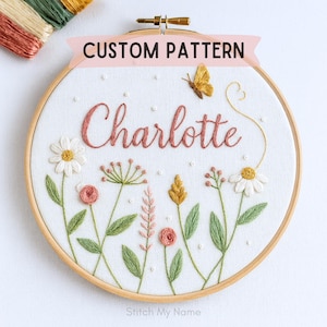 Floral custom name embroidery pattern, printable embroidery, wildflower garden, nature inspired hoop art, nursery decor, baby room wall art