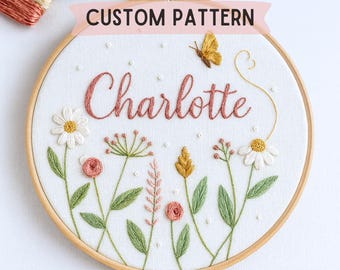 以下が含まれることがあります： ピンク色の糸で「Charlotte」という名前が刺繍されたフープアート。花柄と蝶が周りに描かれています。「CUSTOM PATTERN」の文字が上にあります。フープは木製です。