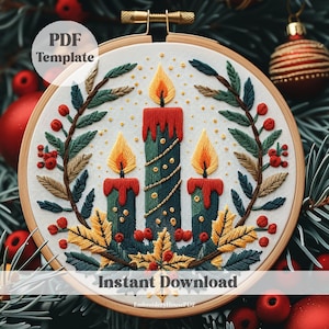 Christmas candle Embroidery Pattern, Hand Embroidery Pattern, Winter Embroidery, Christmas Embroidery, DIY Embroidery Hoop, Beginner Pattern