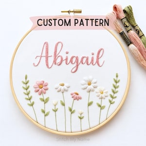 Personalized name floral hand embroidery PDF pattern for hoop art, wildflower baby girl nursery wall decor, DIY custom name gift download