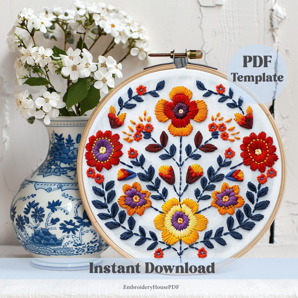 Folk Flower Embroidery, Hand Embroidery, PDF Pattern, Modern Folk Flower Embroidery, Hand Embroidery, PDF Pattern, Modern
