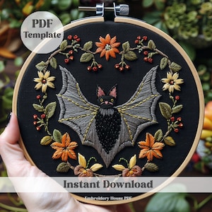 Floral Bats Hand Embroidery Pattern, Halloween Embroidery Pattern, Bats Embroidery Pattern, Hand Embroidery, DIY Embroidery, halloween decor