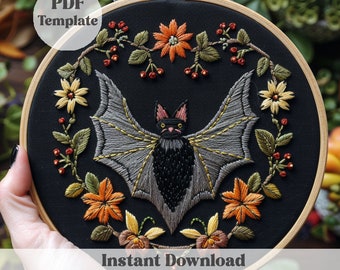 Floral Bat Hand Embroidery Pattern: Halloween DIY (PDF)