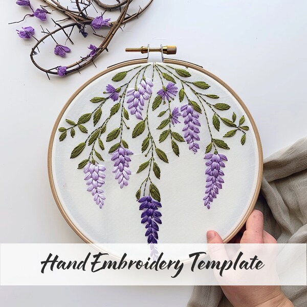 Purple Flowers Embroidery Template, Beginners friendly, Learn to Hand Embroidery, Blooming Wisteria Flowers, Floral Pattern, Flowering art