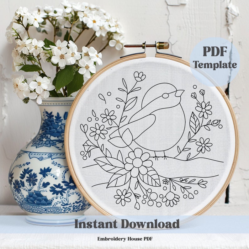 Bird & Floral Hand Embroidery Pattern: Beginner Friendly (PDF Pattern ...