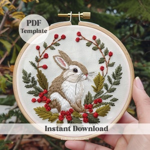 Christmas Bunny Hand Embroidery, Modern rabbit, Christmas decor, christmas Bunny pattern, DIY winter Decor, Cute Bunny Embroidery Pattern