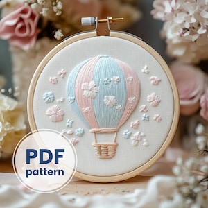 Hot air balloon Embroidery Pattern For Beginners, Floral Hand Embroidery, PDF Pattern Instant Download, DIY Embroidery, PDF Pattern Design