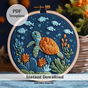 May include: A PDF embroidery pattern featuring a colorful sea turtle swimming in a blue ocean with coral and fish. The pattern is available for instant download.  "PDF Template" and "Instant Download" are written on the image.