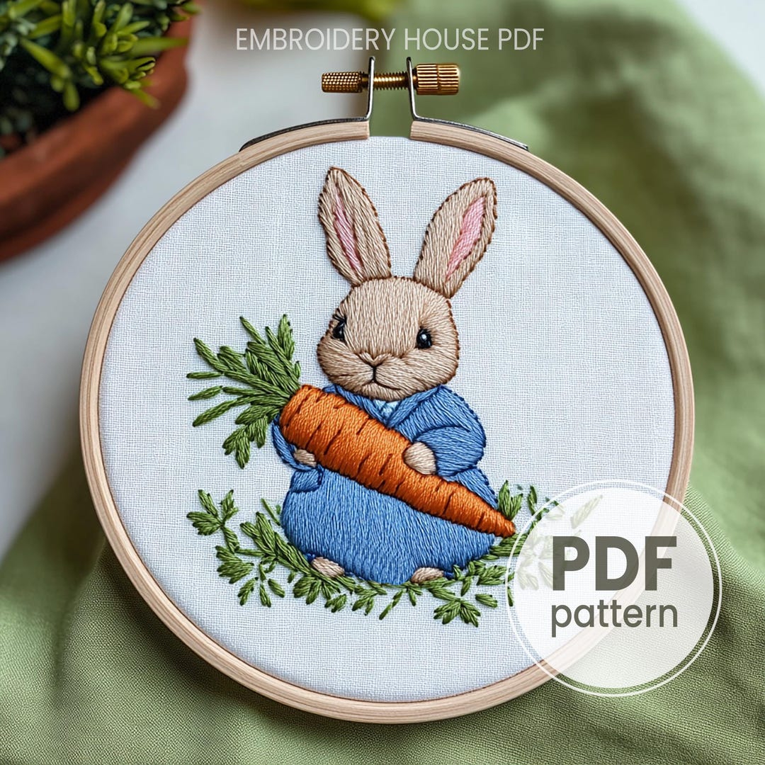Peter Rabbit Hand Embroidery Pattern, Whimsical Bunny Eating Carrot in ...