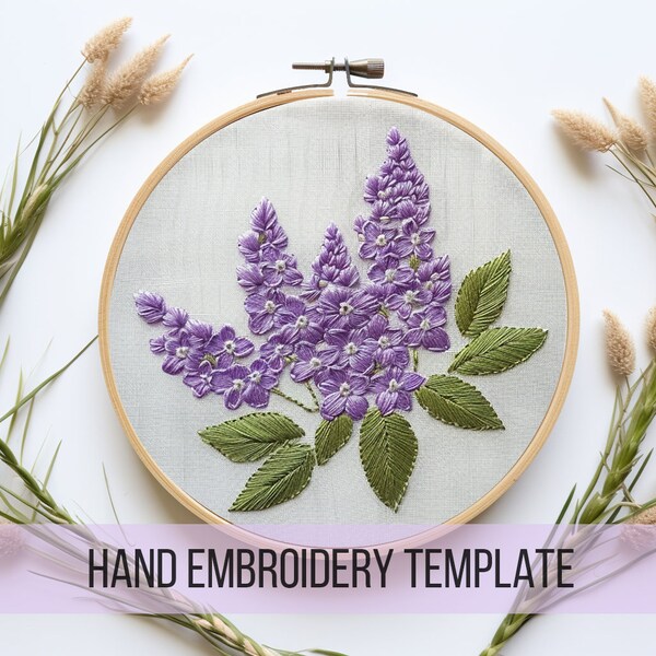 Lilac Hand Embroidery Template, Beginners friendly, Purple Buddleia Embroidery Design, Summer Flower Embroidery, Purple Floral Needlework
