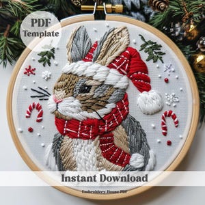 Christmas bunny Hand Embroidery Pattern, bunny Embroidery, cute bunny, Hand Embroidery PDF pattern, Christmas Embroidery, Beginner friendly