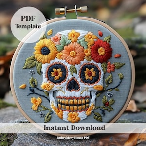 Motif de broderie à la main Halloween, broderie imprimable, tête de mort en fleurs, motif de broderie pour débutant, modèle PDF, broderie de point, tête de mort floral