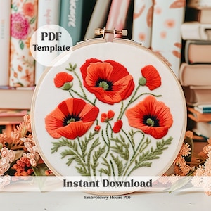 May include: A PDF template for embroidery featuring a design of red poppies with green leaves on a white background. The template is displayed in a wooden embroidery hoop. The text "PDF Template" and "Instant Download" are visible on the image.