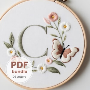 Padrão de bordado à mão do alfabeto de borboleta para letras A-Z, download digital em PDF, padrão para impressão, arquivo de costura, presente para recém-nascido