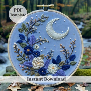 Flower Moon Embroidery, Instant Download, Floral Celestial Embroidery, Moon Pattern Embroidery Whimsical Embroidery, Detailed Embroidery Art