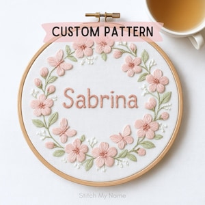 Floral Baby Name Embroidery Pattern: Pink Flower Wreath, Nursery Decor (PDF Download)