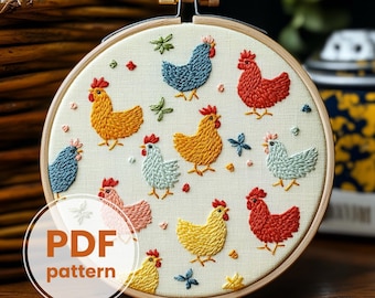 Colorful Chicken Embroidery Pattern, Farm Animal Embroidery, PDF Instant Download,DIY Country Decor, Beginner-Friendly, printable embroidery