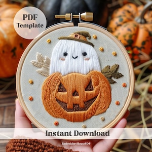Ghost and pumpkin Embroidery art, Halloween Embroidery Pattern, Spooky Embroidery Art, Ghost garden embroidery Designs, DIY Halloween Crafts