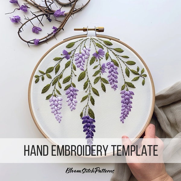 Purple Flowers Embroidery Template, Beginners friendly, Learn to Hand Embroidery, Blooming Wisteria Flowers, Floral Pattern, Flowering art