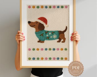 Festive Dachshund Punch Needle Pattern, DIY Embroidery, Kids Room decor, PDF Pattern, Yarn Art