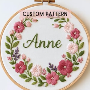 Floral wreath name hand embroidery PDF pattern custom baby girl hoop art digital nursery wall decor embroidery design personalized name file