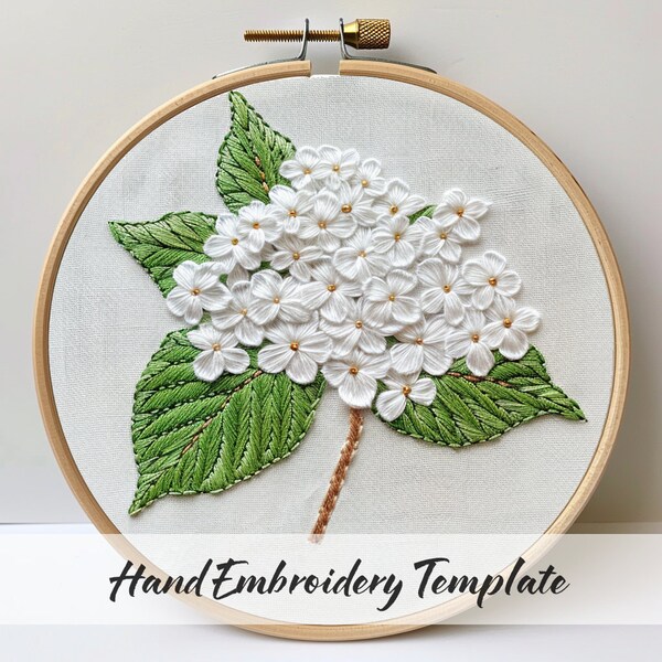 White Hydrangea Flower Embroidery, Hand Embroidery, Flower Template, Birthday Gift, Needlework, Hoop Art, gift for mom, creative embroidery