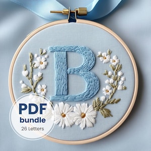 Conjunto de 26 letras florais, alfabeto completo, bordado moderno, inicial floral, arte de bastidor de monograma, decoração de berçário, arquivo digital, letras de margaridas