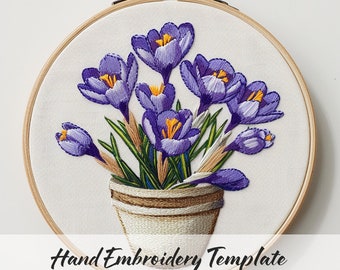 Violet crocus embroidery pattern, Flower embroidery design PDF pattern, Spring embroidery, idea gift, digital pattern, Botanical stitching