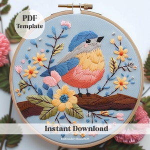 Bird Hand Embroidery Pattern, Bird Embroidery, Floral bird, Cute Hand Embroidery Pattern PDF pattern, Wildlife Embroidery, Beginner friendly
