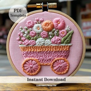 Spring Cart Embroidery Pattern Instant Download, Floral Pattern For Embroidery, Modern Embroidery PDF Design, Spring Crafts, Spring decor