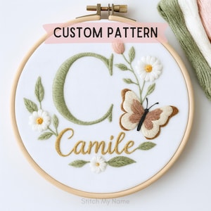 Butterfly Name Hand Embroidery PDF Pattern Personalized Girl Hoop Art Digital, Floral Baby Gift Embroidery Design, Custom Nursery Decor File
