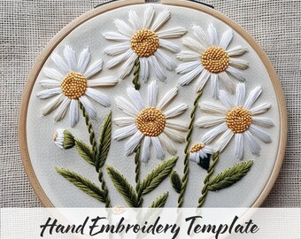 Daisies Embroidery template, floral hand embroidery, beginners. friendly, daisy flower embroidery pattern, DIY hoop art, beginner embroidery