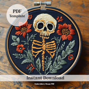 Spooky Skeleton Hand Embroidery Pattern, DIY Skeleton Embroidery, Halloween Embroidery Pattern, Hand Embroidery, PDF Pattern Design,Hoop Art