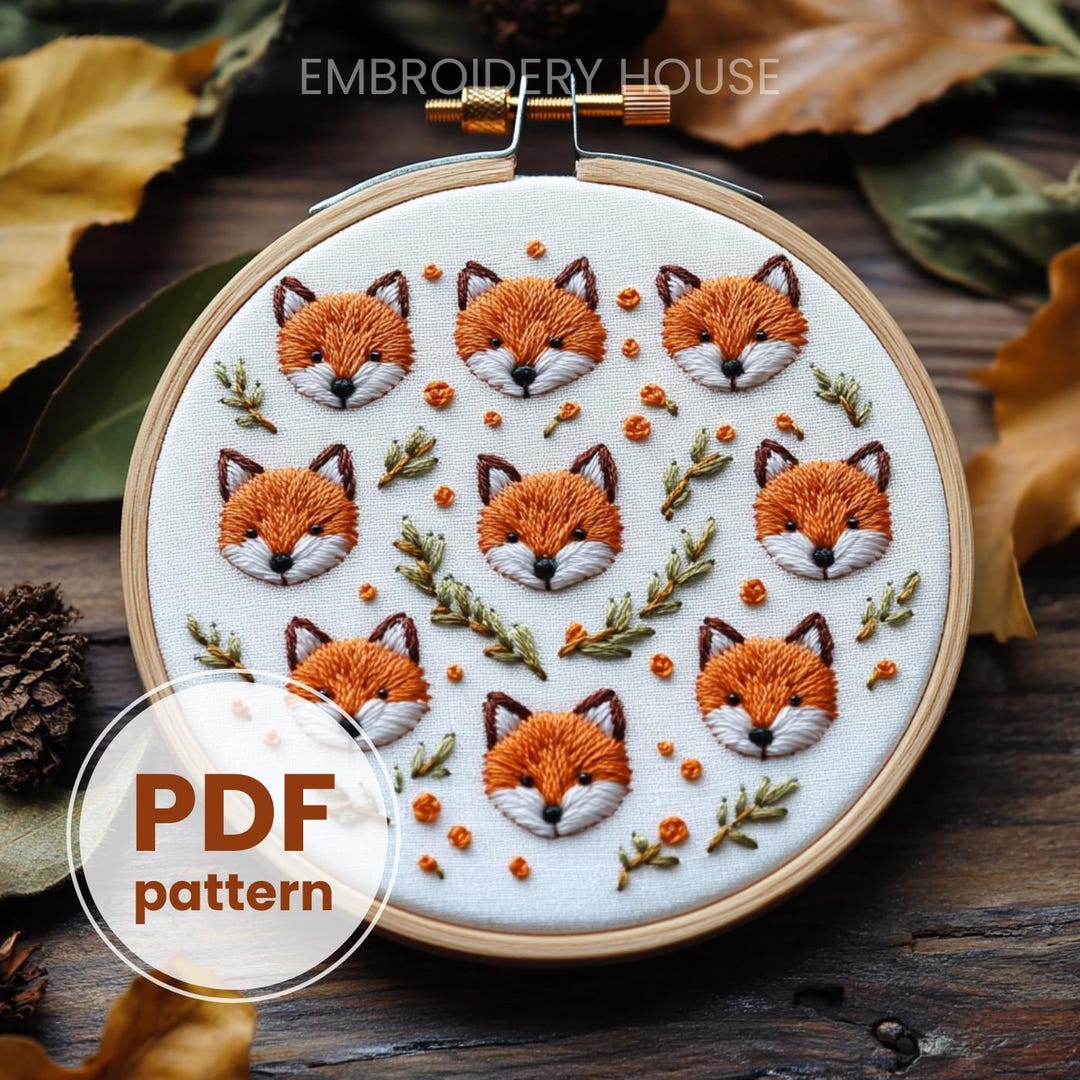 PDF Digital Embroidery Pattern, Cute Fox Flowers, Hand Embroidery ...