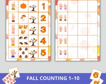 May include: Educational fall-themed counting cards with numbers 1-5, featuring illustrations of pumpkins, squirrels, and trees. The cards also show hand gestures representing the numbers. The text "FALL COUNTING 1-10" is displayed.
