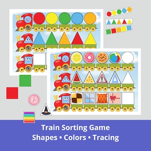 May include: A colorful educational game featuring cartoon trains and various shapes and colors. The game includes matching activities with circles, triangles, and squares, as well as other shapes. The text on the image reads: "Train Sorting Game Shapes • Colors • Tracing."