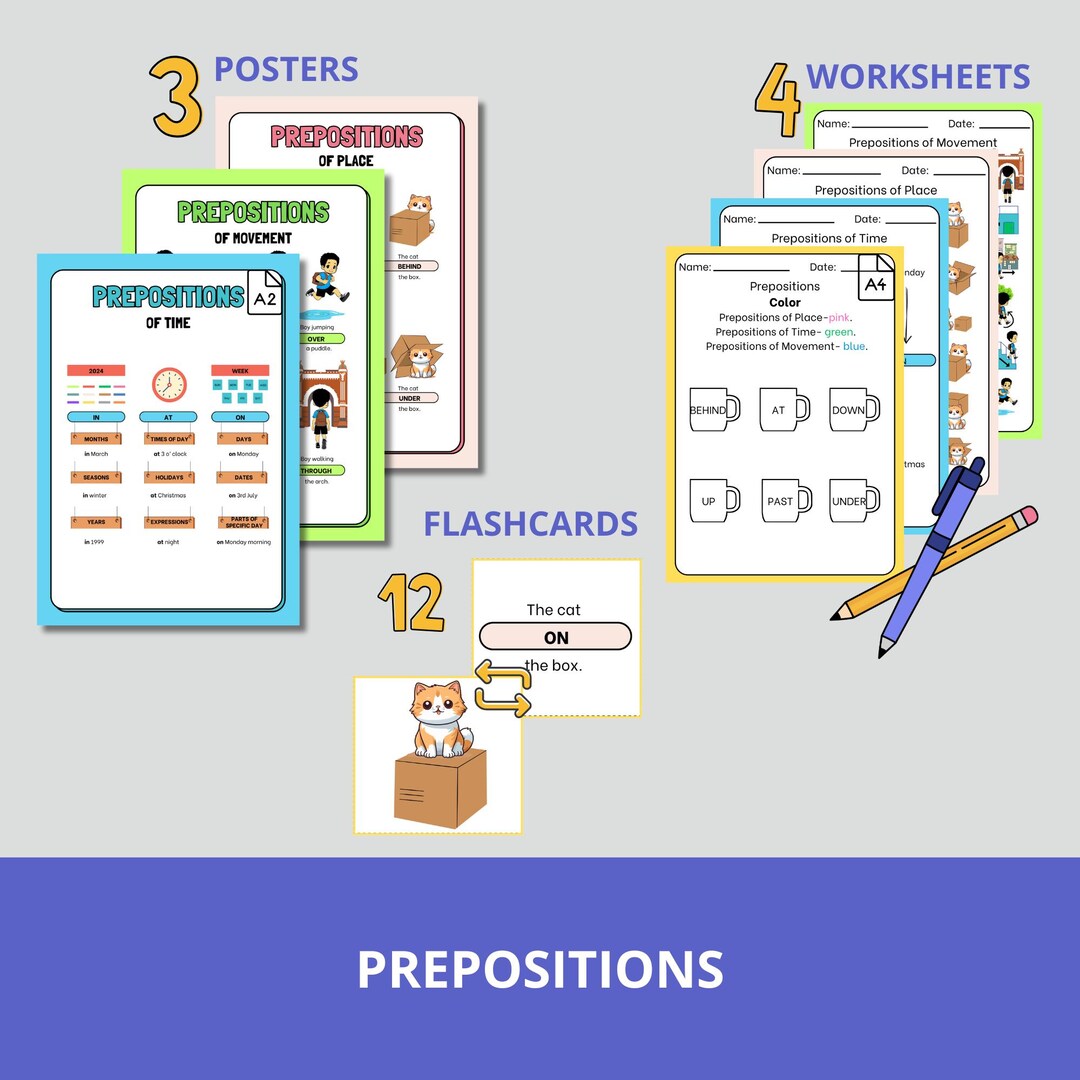 Prepositions Posters & Worksheets | Place, Movement and Time (A2/A4 ...