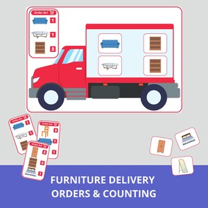 Puede incluir: Un camión de reparto de muebles rojo con una zona de carga blanca, que muestra muebles como un sofá azul, una mesa de centro y una estantería. La imagen incluye tarjetas de pedido y el texto "FURNITURE DELIVERY ORDERS & COUNTING".