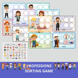 Puede incluir: Un colorido juego de clasificación de profesiones con ilustraciones de varios oficios, incluyendo piloto, profesor, bombero, chef, constructor, barbero, granjero y marinero. Incluye iconos a juego y el texto "PROFESSIONS SORTING GAME".