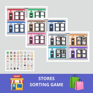 以下が含まれることがあります： 衣料品店、薬局、おもちゃ屋、家具店、靴屋、花屋、金物屋、楽器店、電器店、文房具店など、さまざまな店の正面玄関を備えた、ソートゲームのカラフルなイラスト。ゲームには、ショッピングバッグとアイコンも含まれています。
