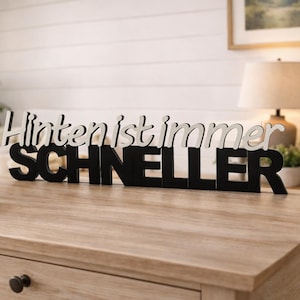 Könnte beinhalten: Dekoratives Holzschild mit dem deutschen Satz "Hinten ist immer SCHNELLER" in Schwarz und Weiß. Das Schild steht auf einem hellen Holztisch, im Hintergrund eine Lampe und Blumen.