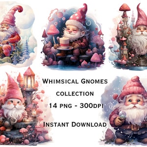 Watercolor whimsical Gnomes Clipart, 14 PNG Gnomes Clipart, Valentines Day Clipart, Gnomes PNG, Fantasy Clipart